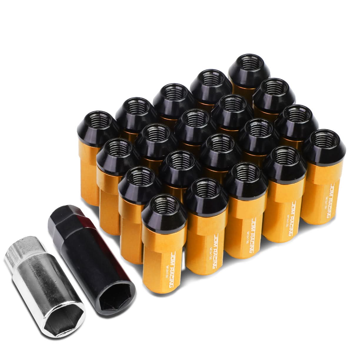 M12 x 1.5 Extended Aluminum Lug Nuts 20pc Set Orange Steel Acorn