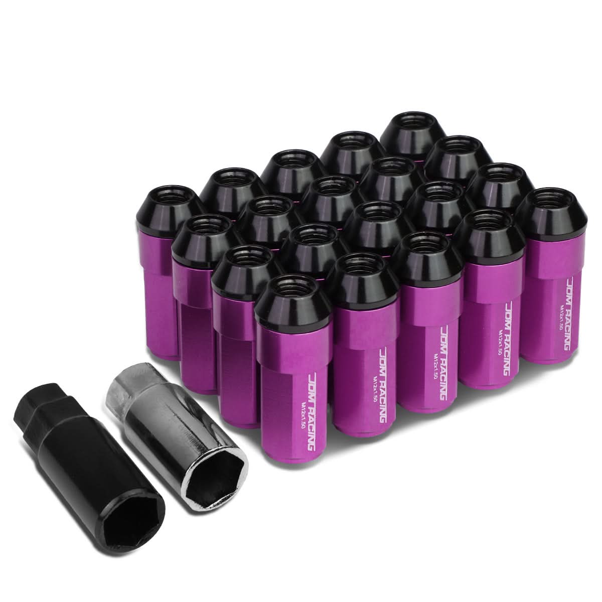 M12 x 1.5 Extended Aluminum Lug Nuts 20pc Set Purple Polyurethane