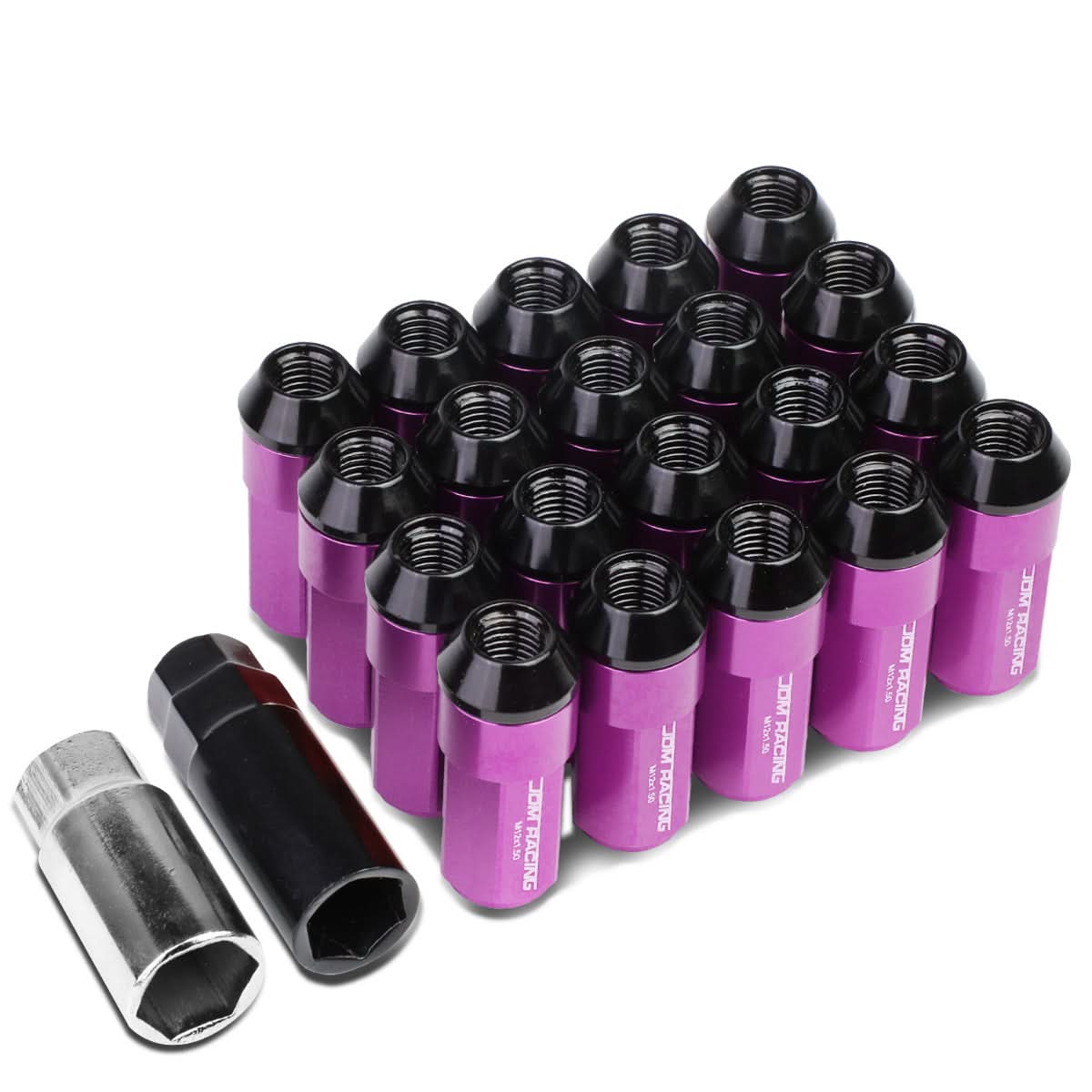 M12 x 1.5 Extended Aluminum Lug Nuts 20pc Set Purple Polyurethane