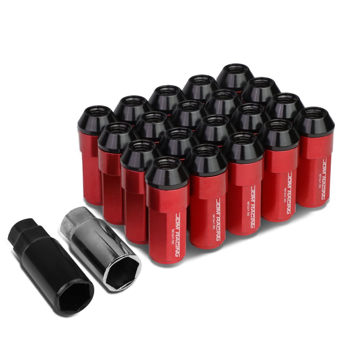 M12 x 1.5 Extended Aluminum Steel Acorn Lug Nuts 20pc Red