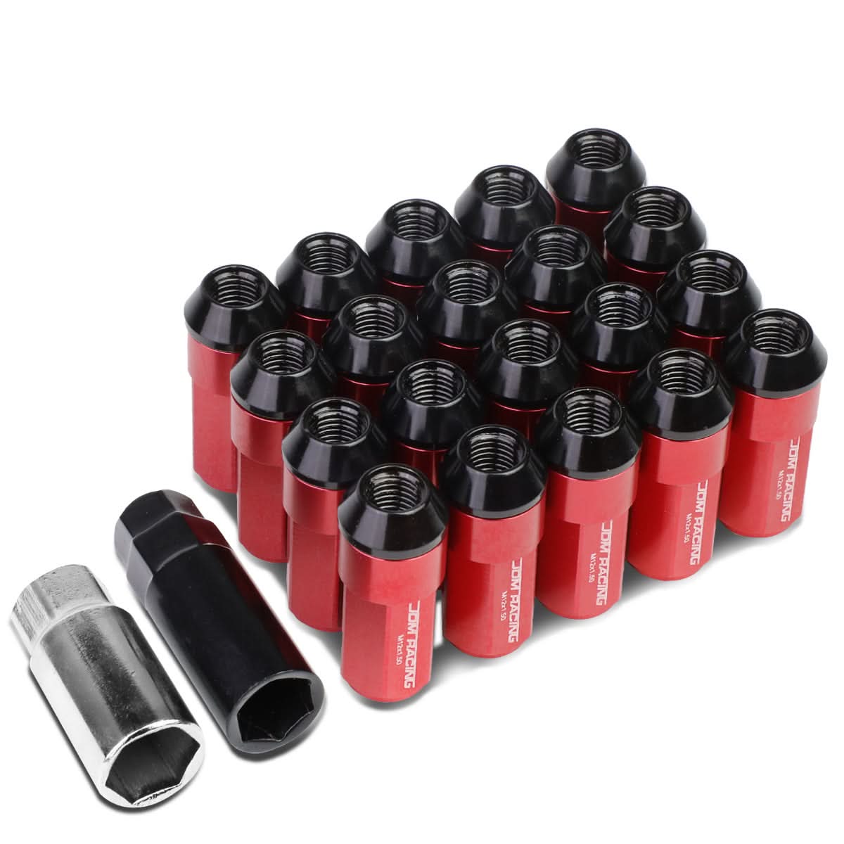 M12 x 1.5 Extended Aluminum Steel Acorn Lug Nuts 20pc Red