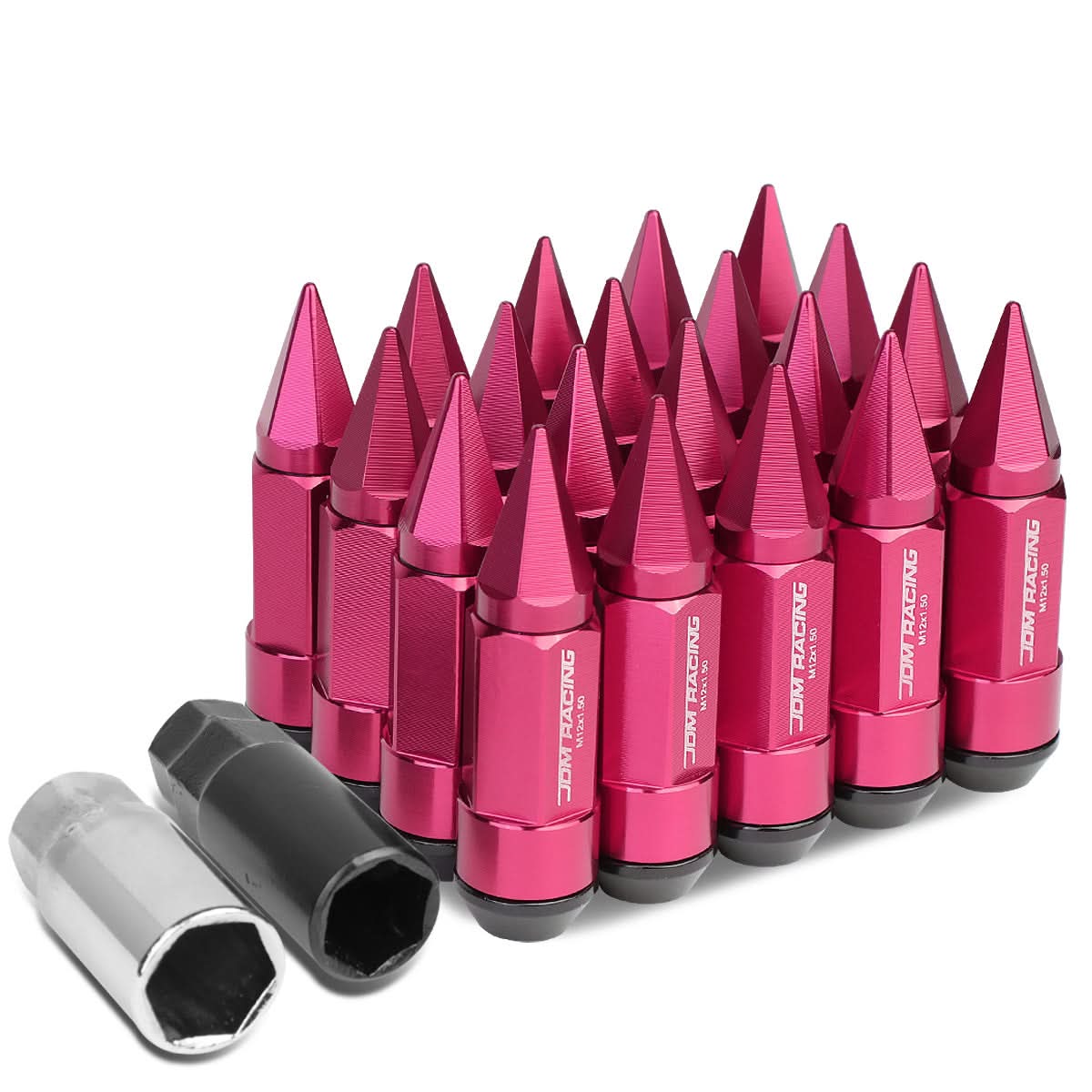 M12 x 1.5 Extended Aluminum Lug Nuts with Removable Spike 20pc Pink