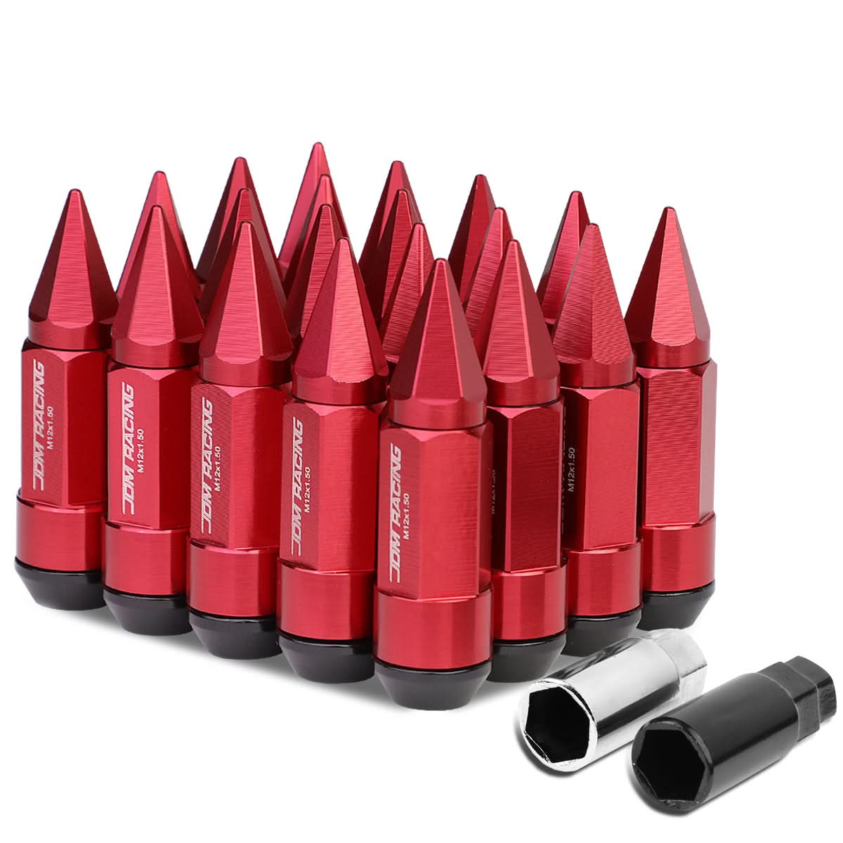 M12 x 1.5 Extended Spike Lug Nuts 20pc Set Red Aluminum