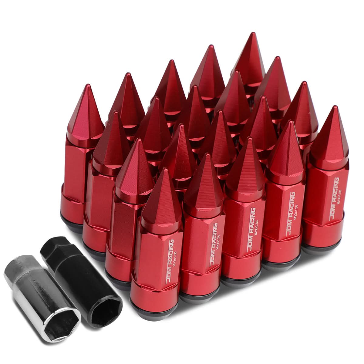 M12 x 1.5 Extended Spike Lug Nuts 20pc Set Red Aluminum
