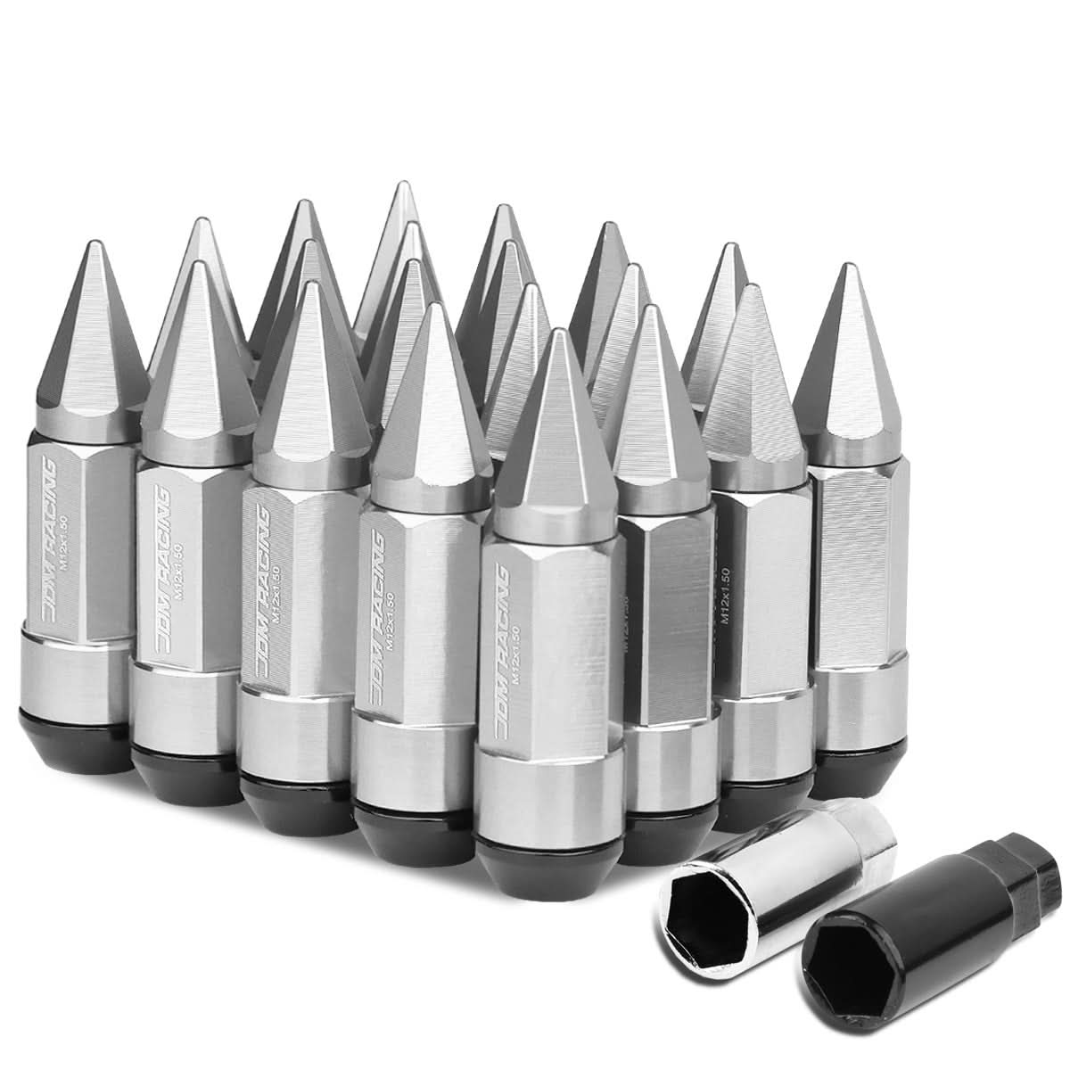 M12 x 1.5 Aluminum Extended Lug Nuts with Removable Spikes - Silver 20pc