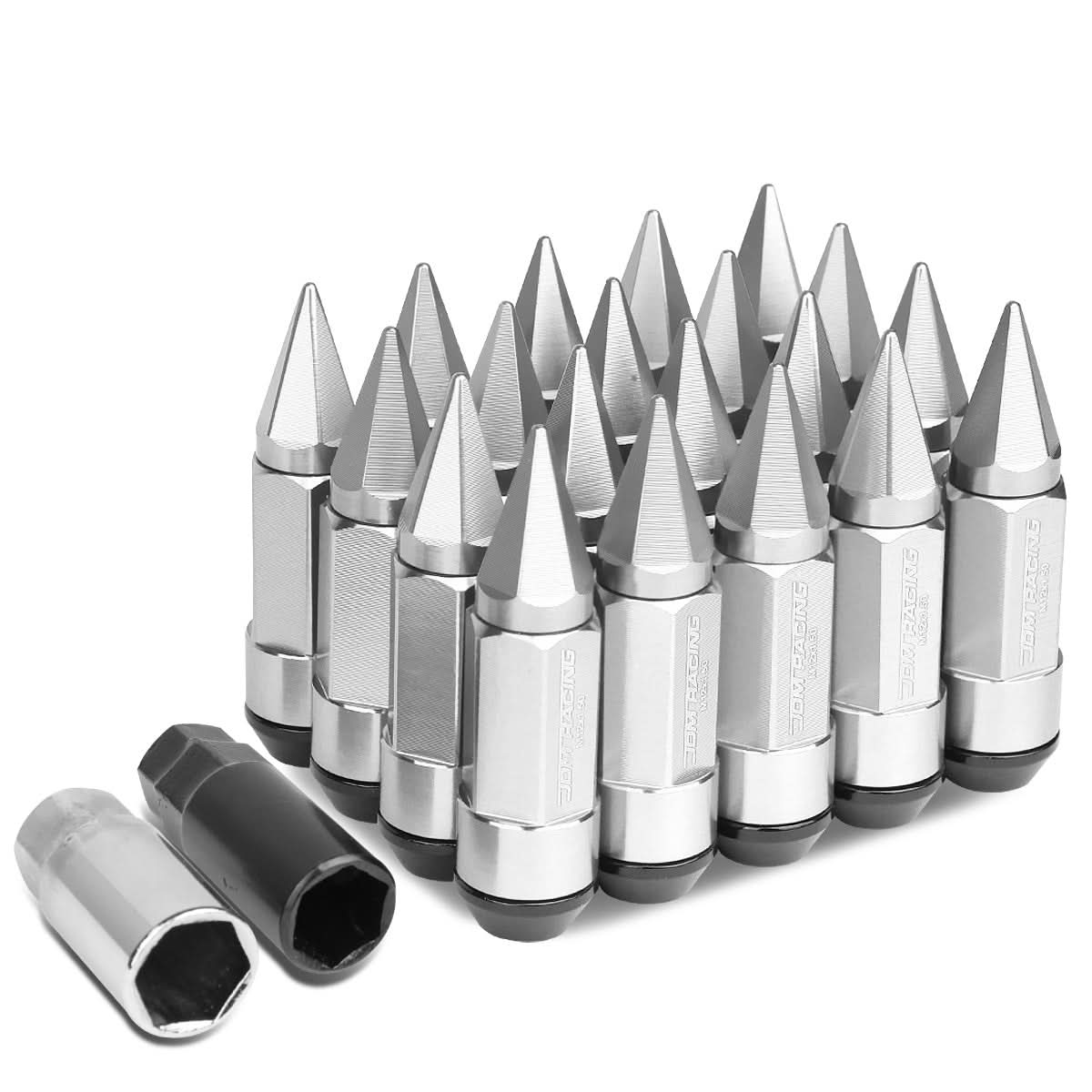 M12 x 1.5 Aluminum Extended Lug Nuts with Removable Spikes - Silver 20pc
