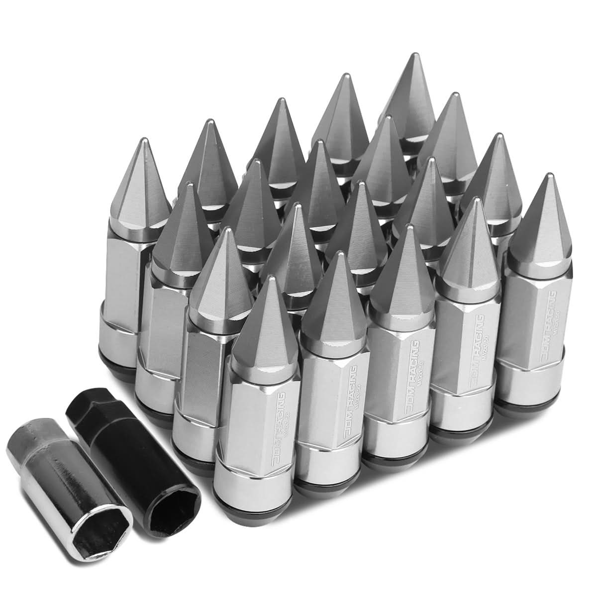 M12 x 1.5 Aluminum Extended Lug Nuts with Removable Spikes - Silver 20pc