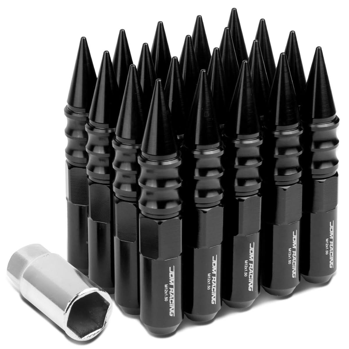 M12 x 1.5 Aluminum Lug Nuts w/ Extended Spike 60mm Tall 20pc Black