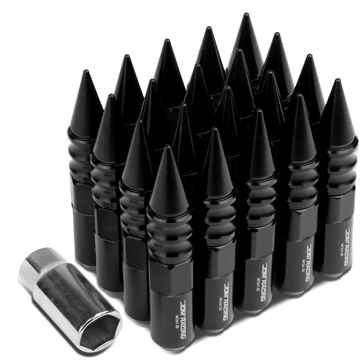 M12 x 1.5 Aluminum Lug Nuts w/ Extended Spike 60mm Tall 20pc Black