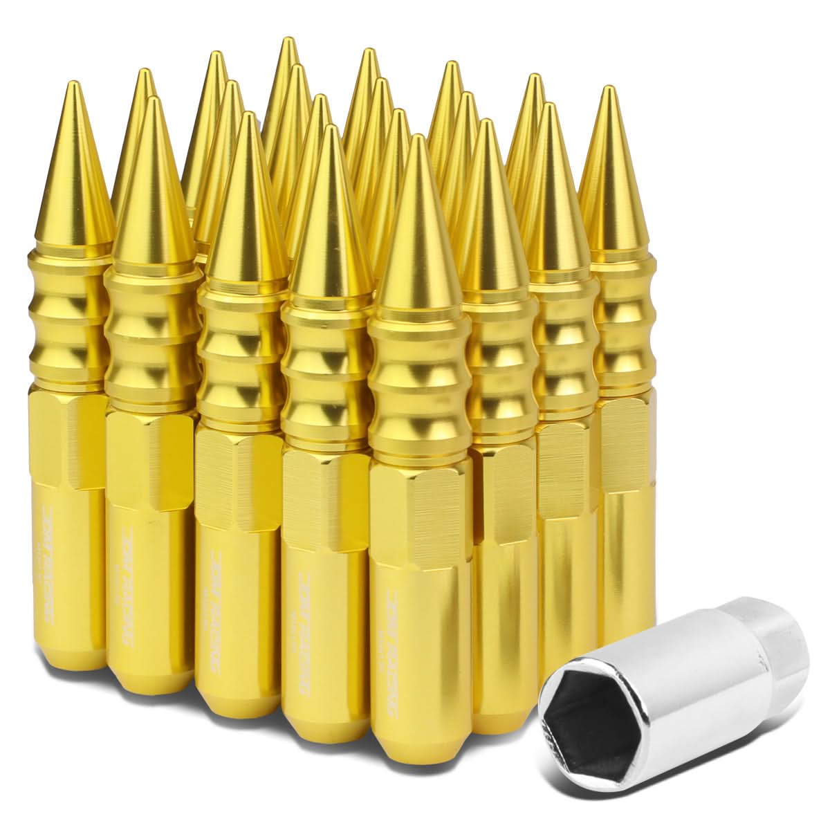 M12 x 1.5 60mm Extended Spike Lug Nuts 20pc Set Aluminum Gold