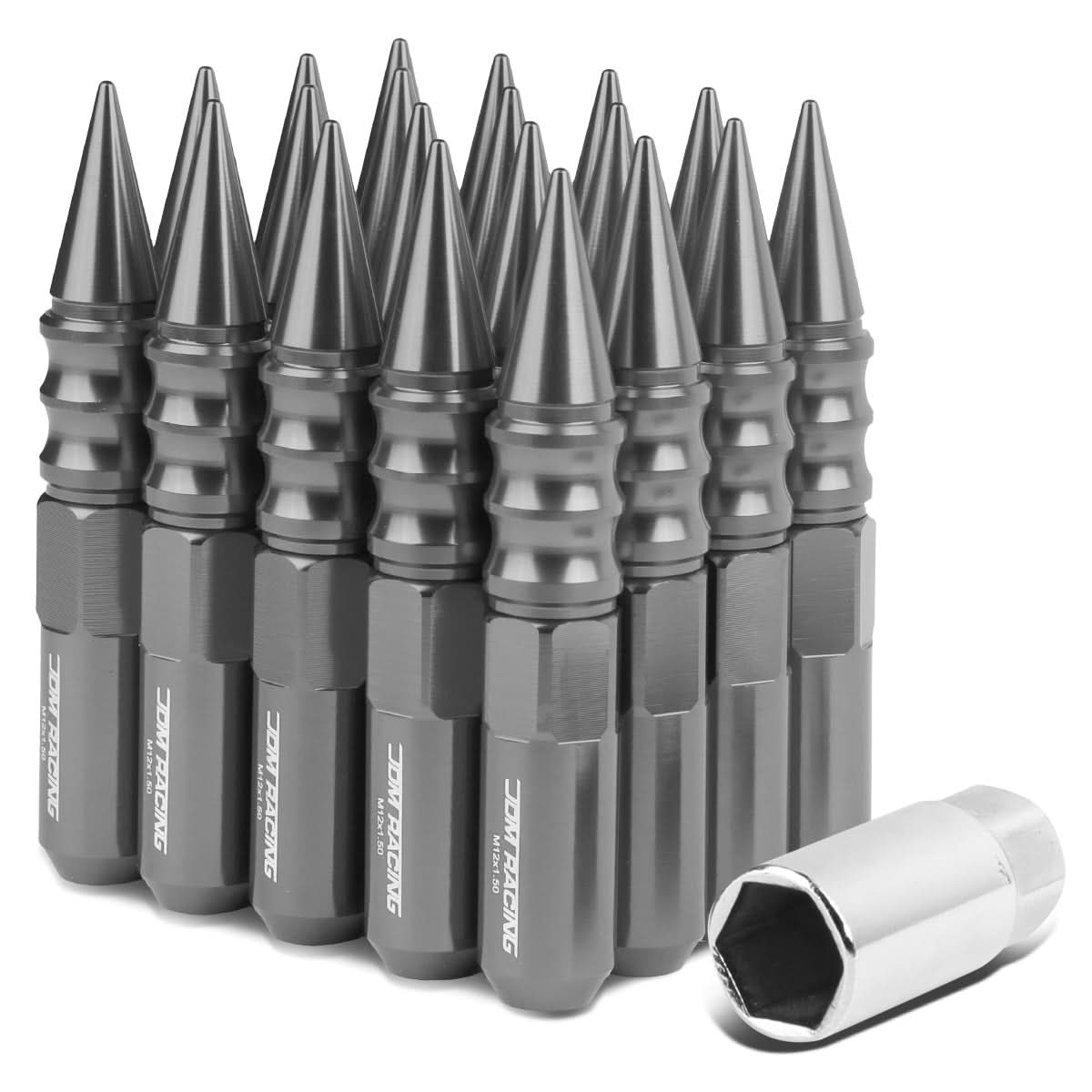 M12 x 1.5 Aluminum Spike Lug Nuts 60mm Extended 20pc Set Gun Metal