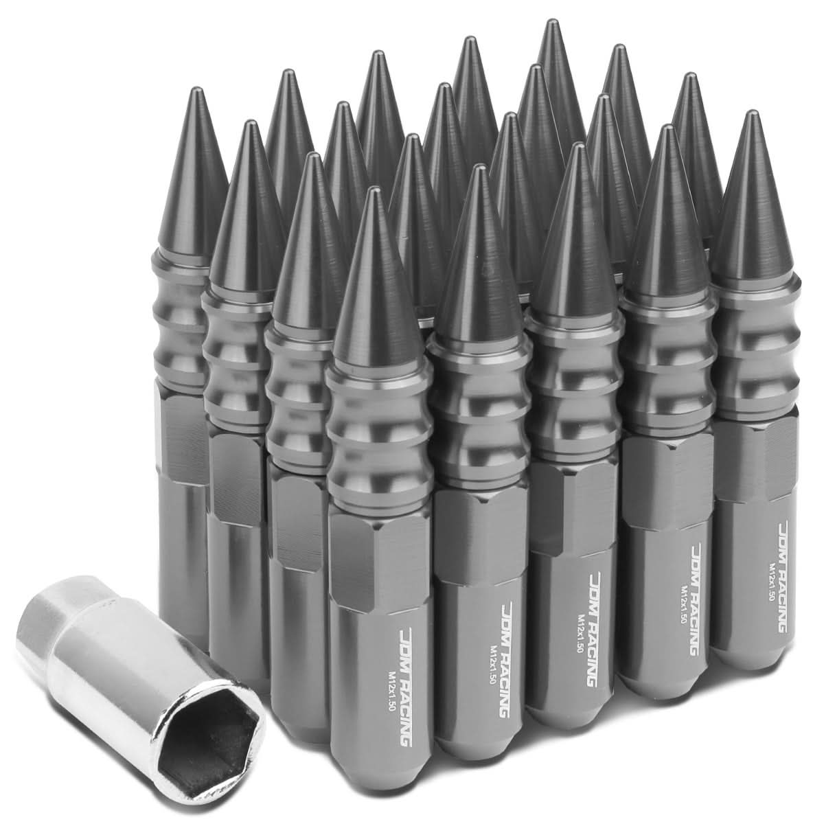 M12 x 1.5 Aluminum Spike Lug Nuts 60mm Extended 20pc Set Gun Metal