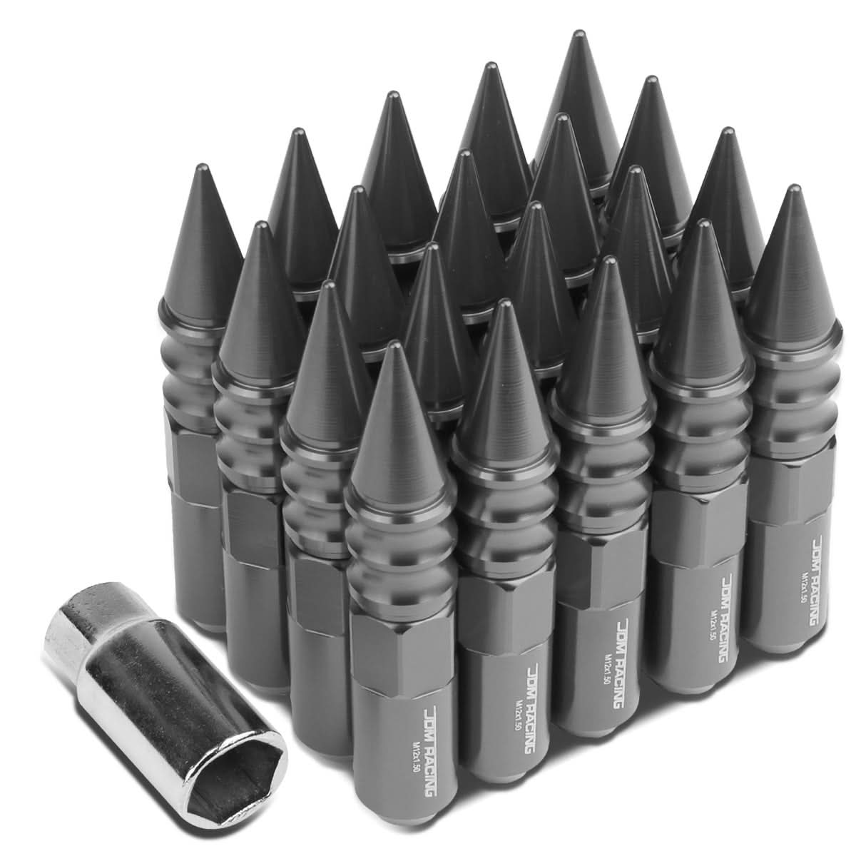 M12 x 1.5 Aluminum Spike Lug Nuts 60mm Extended 20pc Set Gun Metal