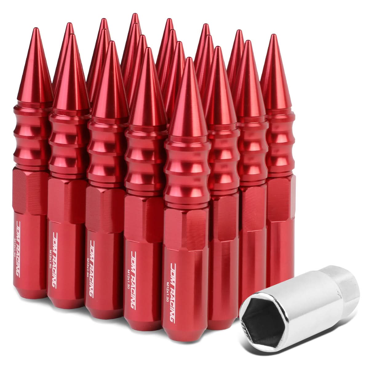 M12 x 1.5 60mm Extended Spike Lug Nuts 20pc Set Aluminum Red