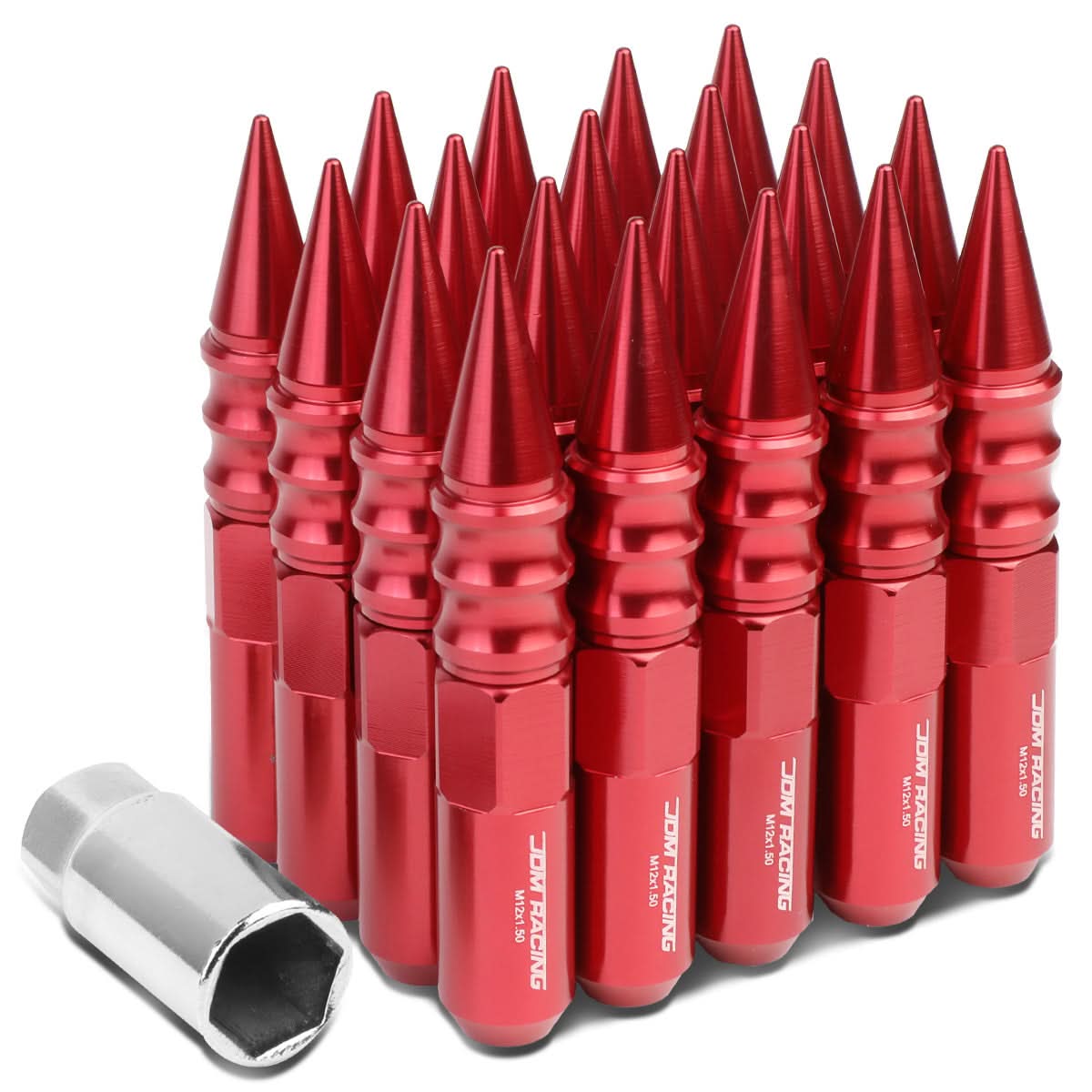 M12 x 1.5 60mm Extended Spike Lug Nuts 20pc Set Aluminum Red