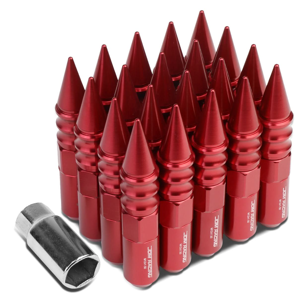 M12 x 1.5 60mm Extended Spike Lug Nuts 20pc Set Aluminum Red