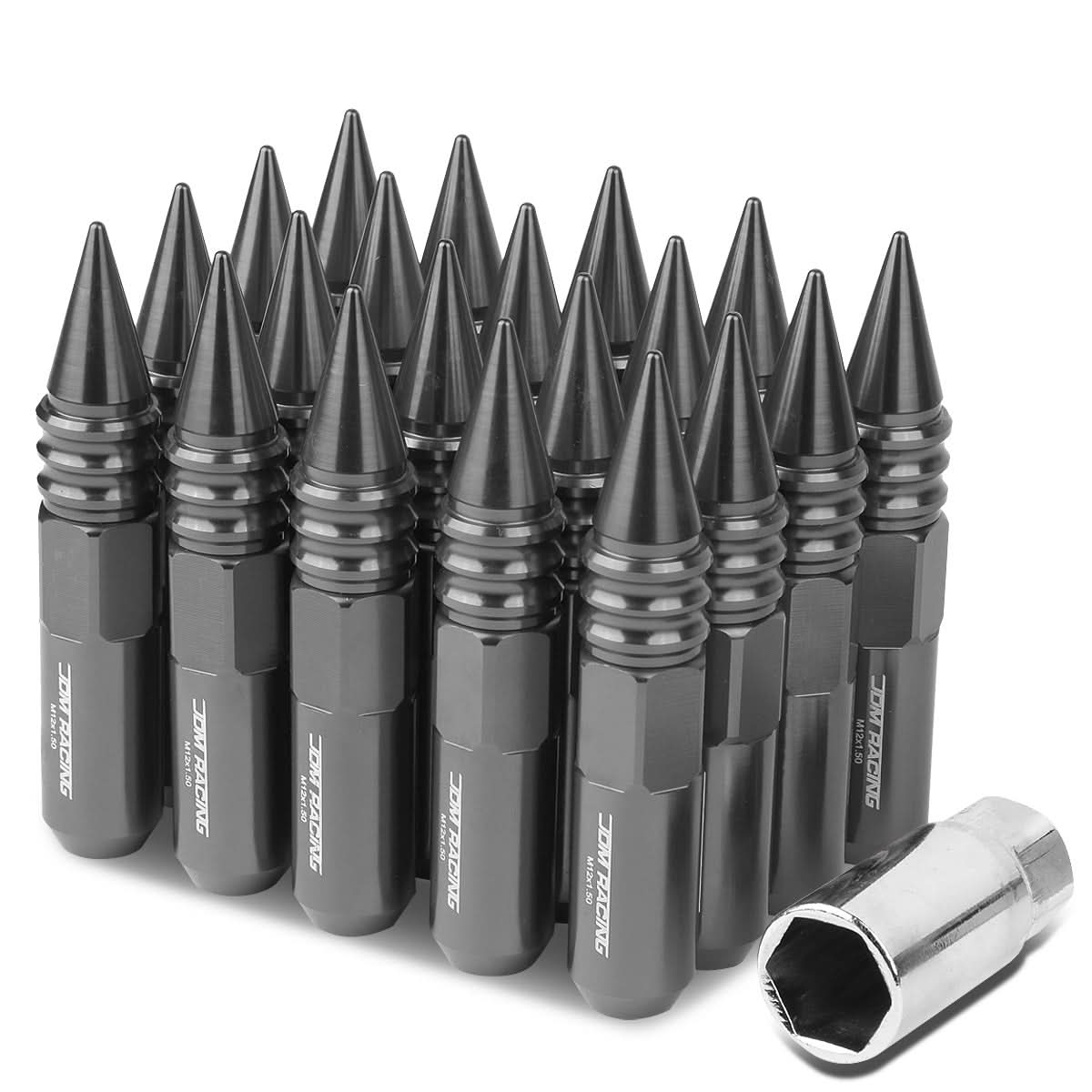 M12 x 1.5 Aluminum Lug Nuts 60mm Spike Style 20pc Set Gun Metal