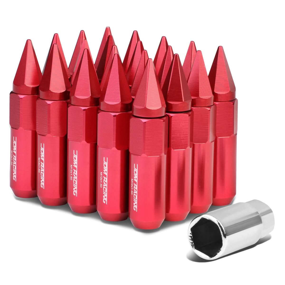 M12 x 1.5 Aluminum Spike Lug Nuts 60mm/90mm Red 20pc Set