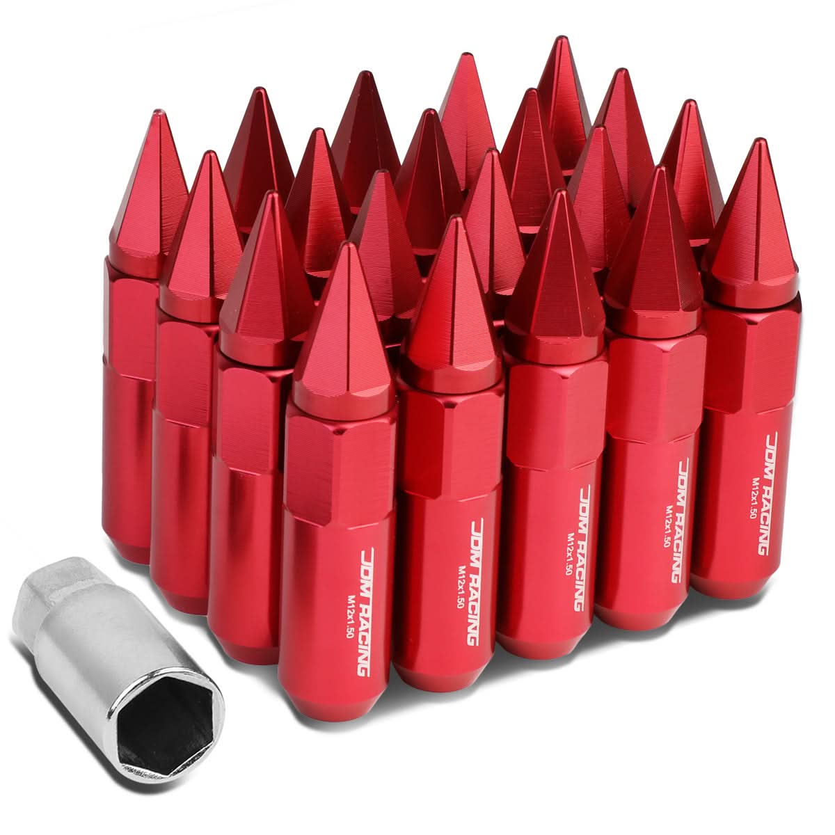M12 x 1.5 Aluminum Spike Lug Nuts 60mm/90mm Red 20pc Set