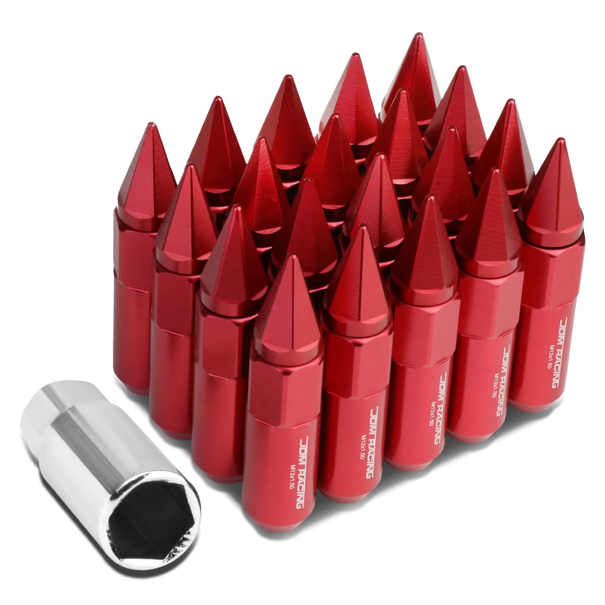 M12 x 1.5 Aluminum Spike Lug Nuts 60mm/90mm Red 20pc Set