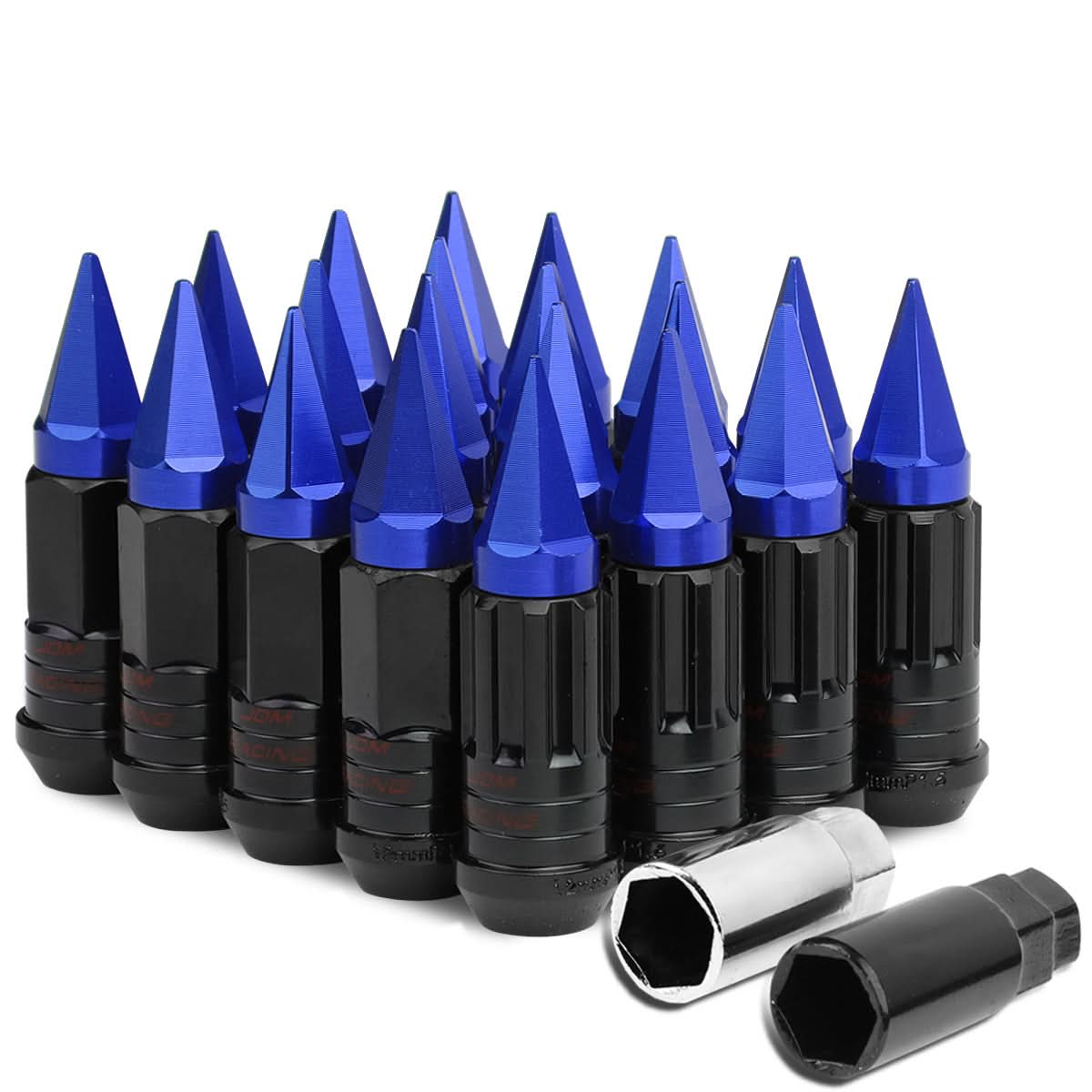 Steel Lug Nuts M12x1.5 Extended Grooved Shank Blue Spike 16pcs + 4 Locks