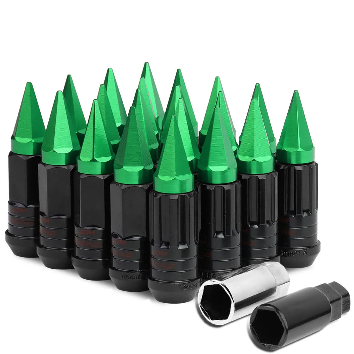 Steel Lug Nuts M12x1.5 Extended Grooved Shank Green Spike 16+4 Lock