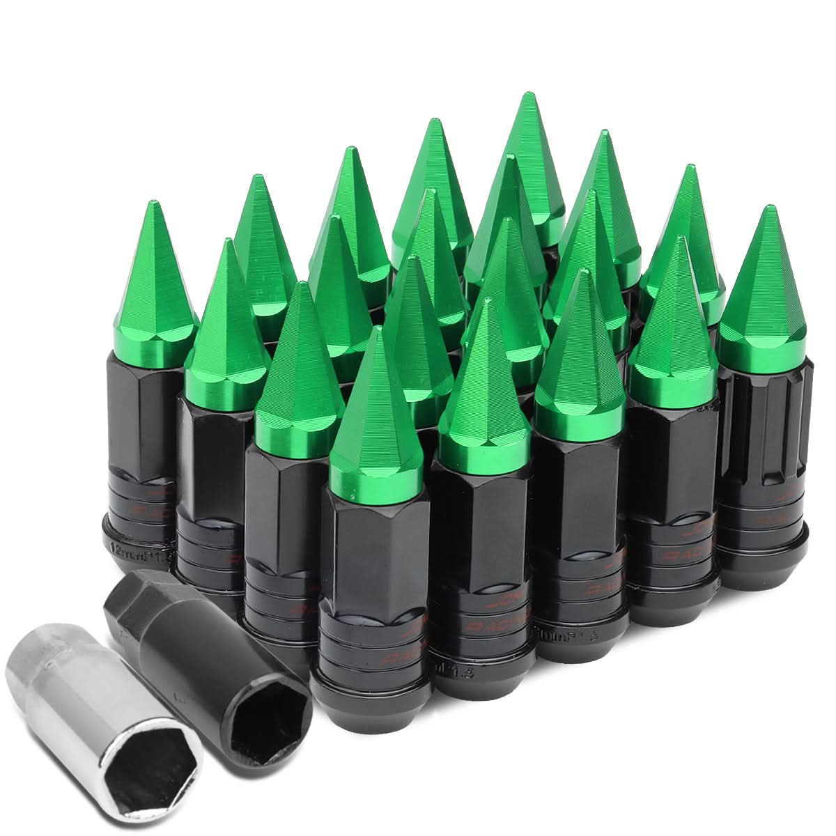 Steel Lug Nuts M12x1.5 Extended Grooved Shank Green Spike 16+4 Lock