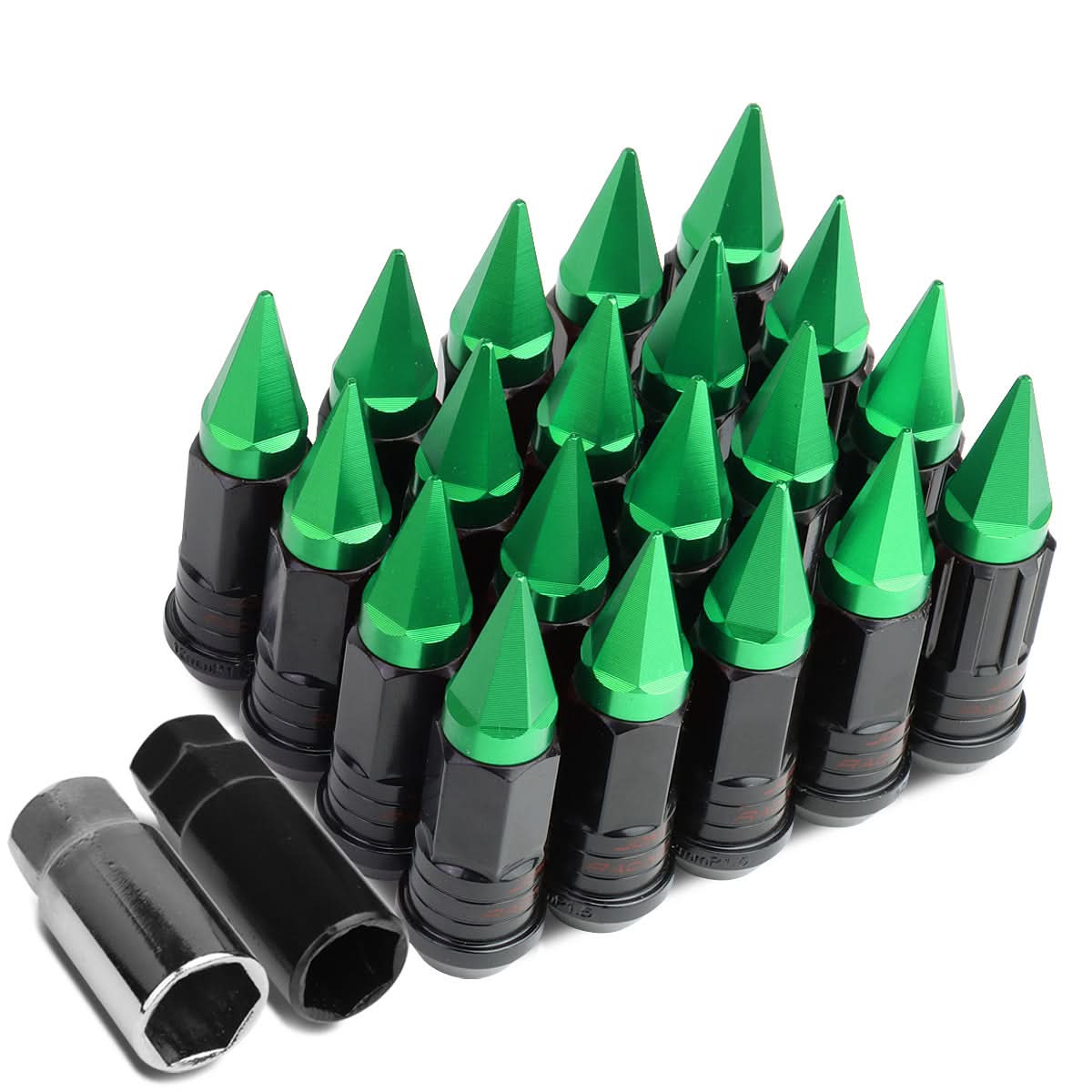 Steel Lug Nuts M12x1.5 Extended Grooved Shank Green Spike 16+4 Lock