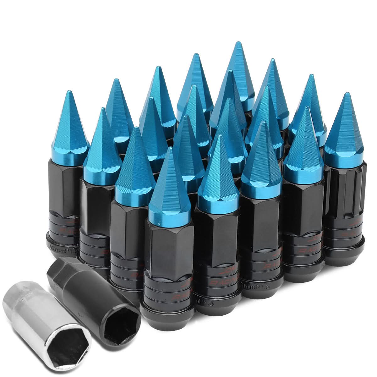 Steel Extended Grooved Lug Nuts w/ Removable Light Blue Spikes 16pc