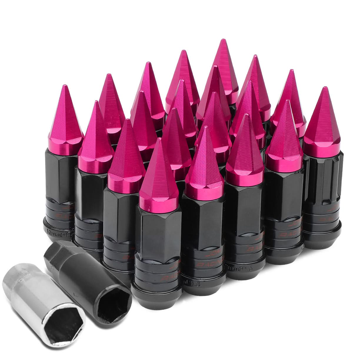 Steel Lug Nuts M12x1.5 Extended Grooved Shank Pink Spike 16+4 Lock