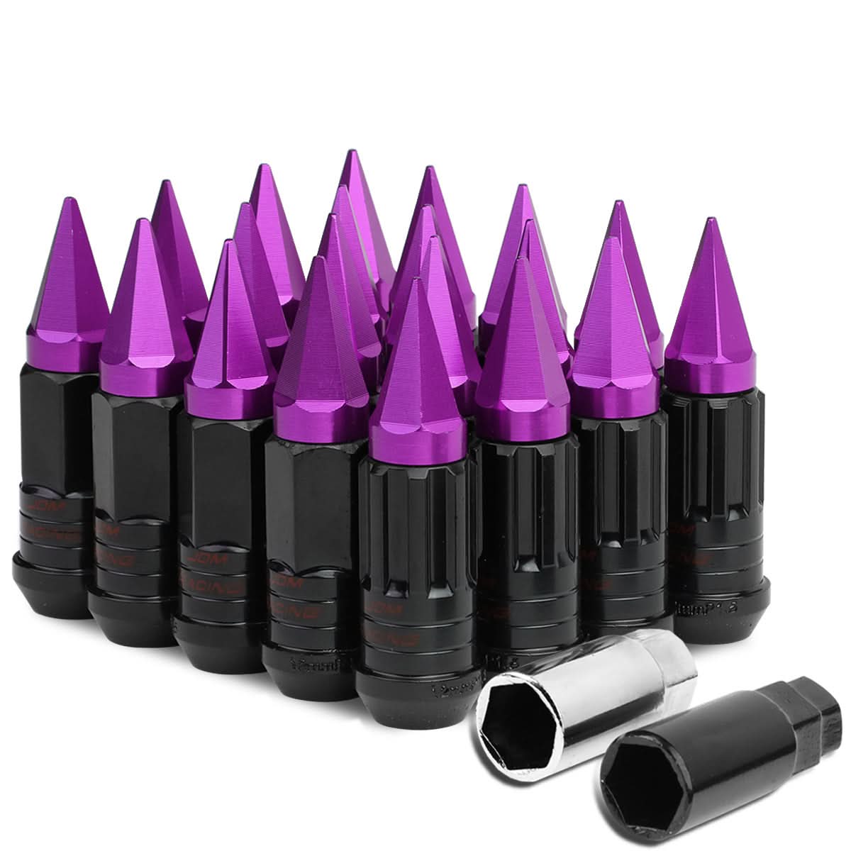 Steel Lug Nuts M12x1.5 45-75mm Extended Grooved Purple Spike 20pc