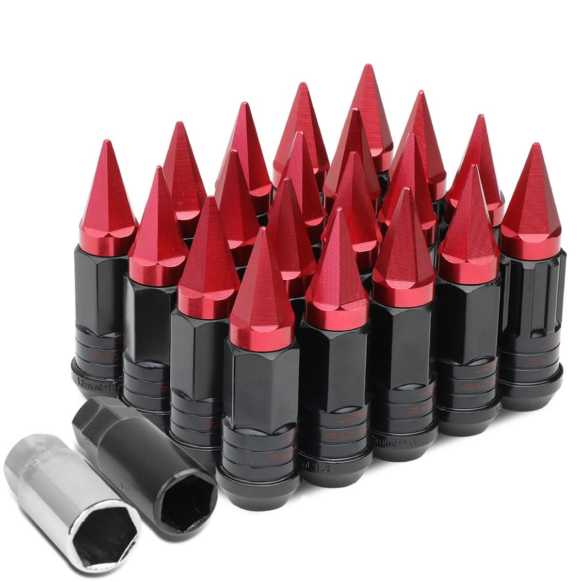 M12 x 1.5 Steel Lug Nuts w/ Red Spikes 16pc + 4 Locks Extended