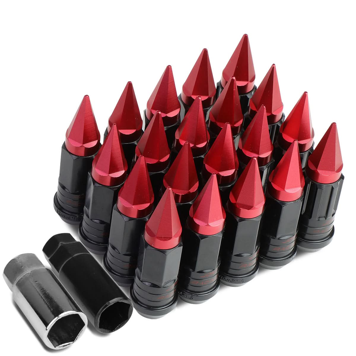 M12 x 1.5 Steel Lug Nuts w/ Red Spikes 16pc + 4 Locks Extended