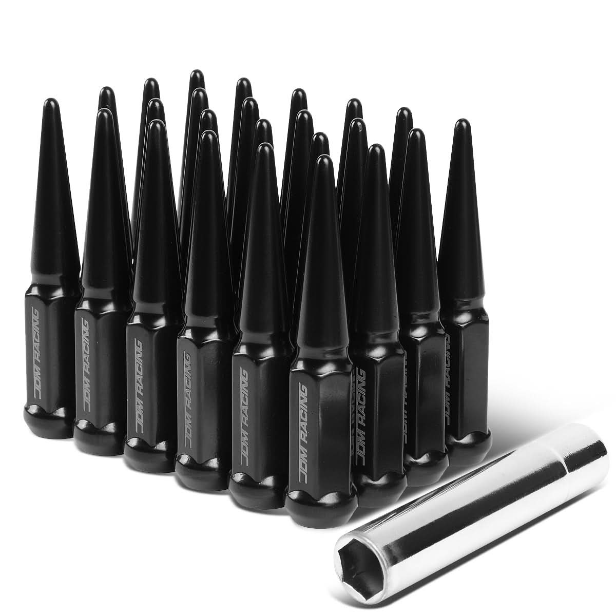 M14 x 1.5 Spike Lug Nuts 23mm OD 112mm Tall Black Steel 24 Pack