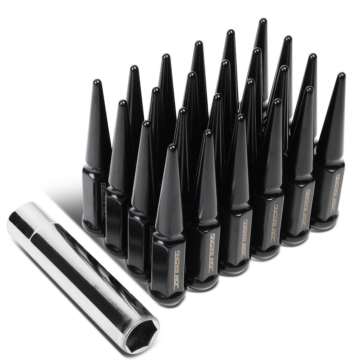 M14 x 1.5 Spike Lug Nuts 23mm OD 112mm Tall Black Steel 24 Pack