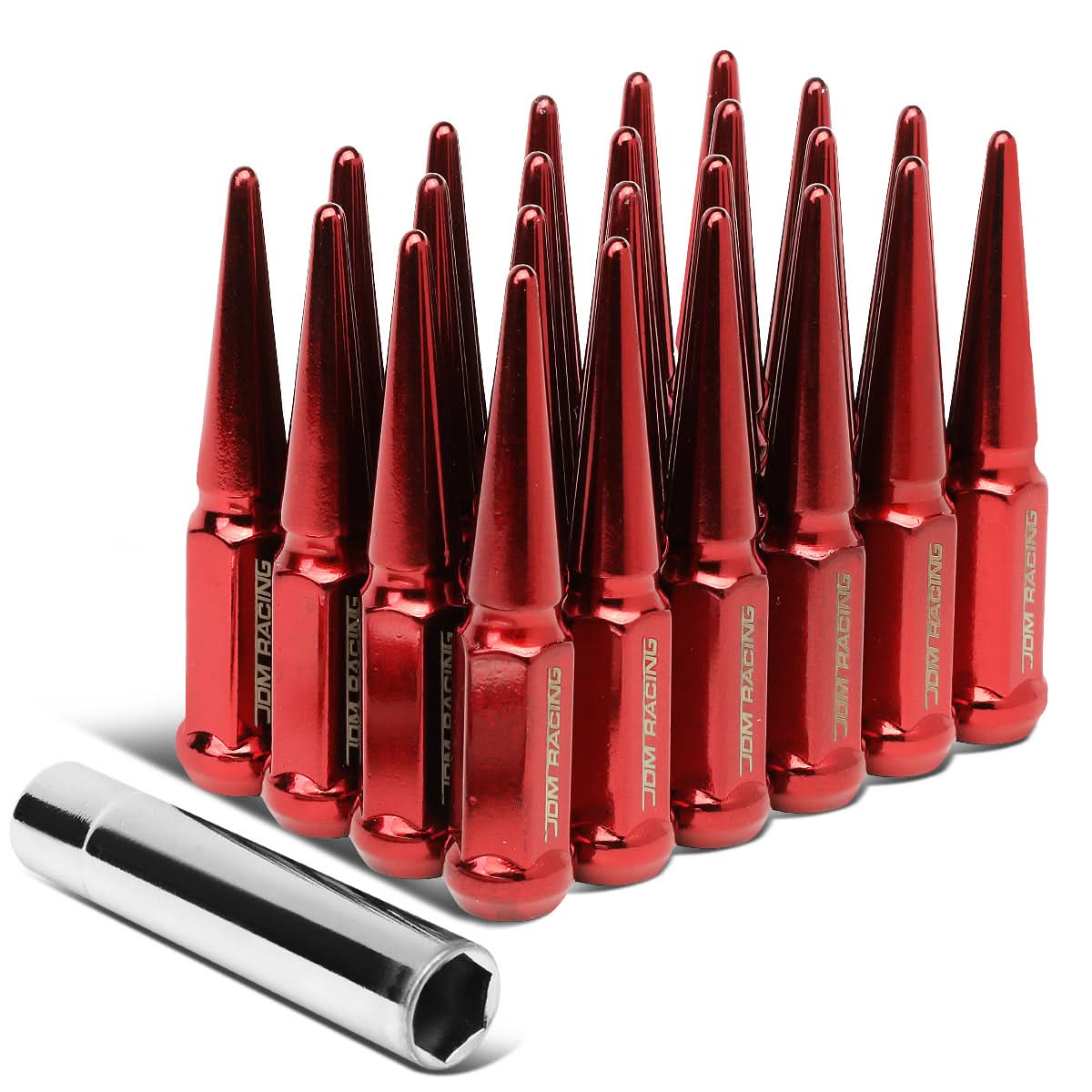 M14 x 1.5 Spike Steel Lug Nuts 23mm - 24 Pack with Lock Key Red