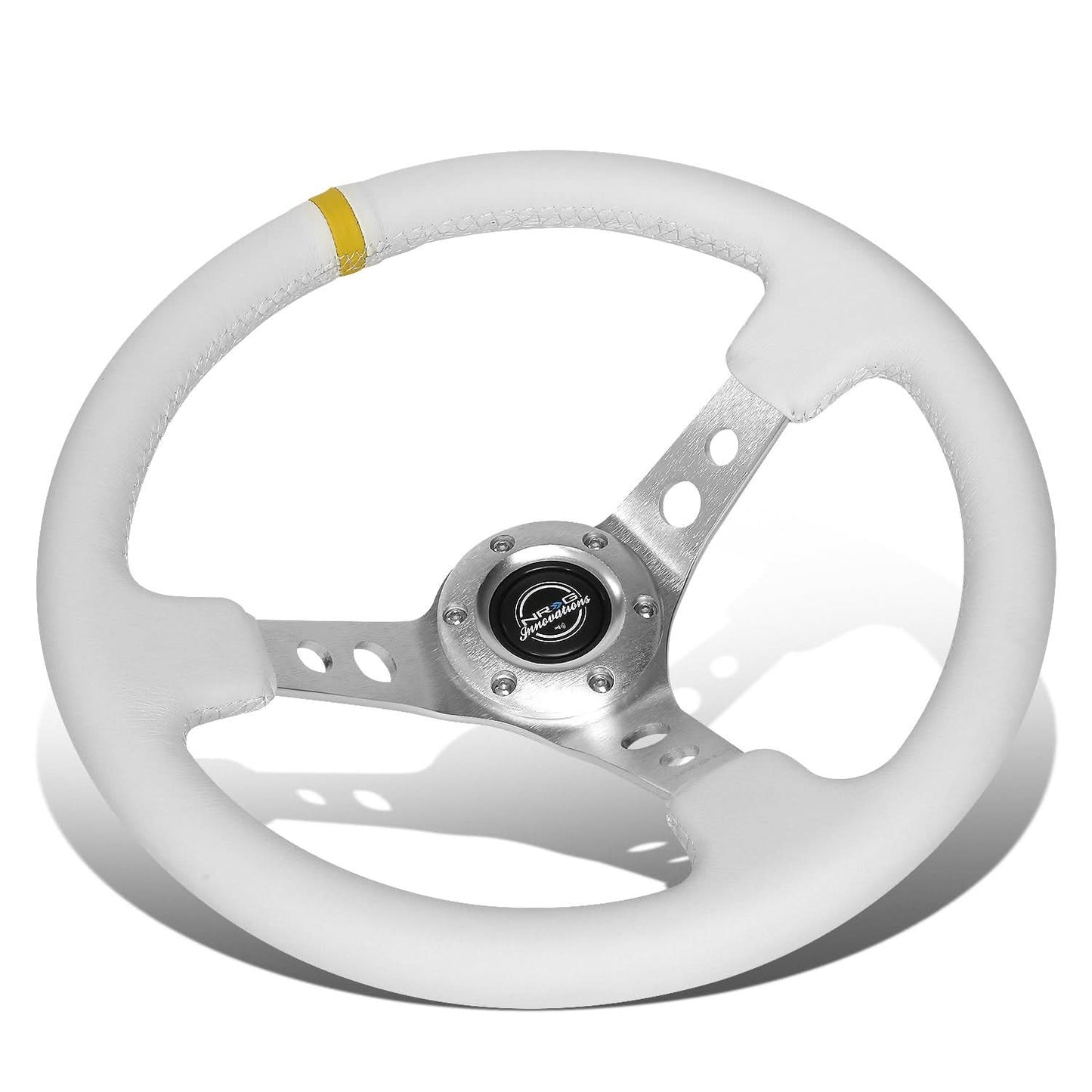 Universal 350MM Deep Dish Steering Wheel White Leather Silver Center
