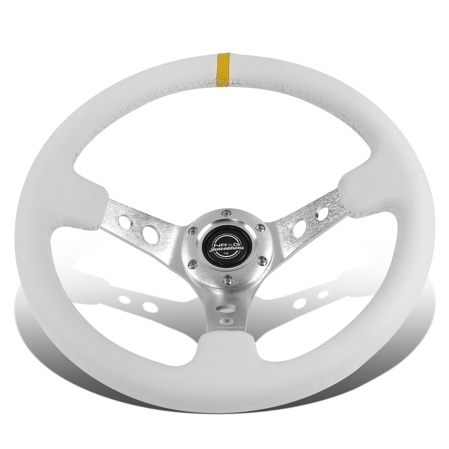 Universal 350MM Deep Dish Steering Wheel White Leather Silver Center