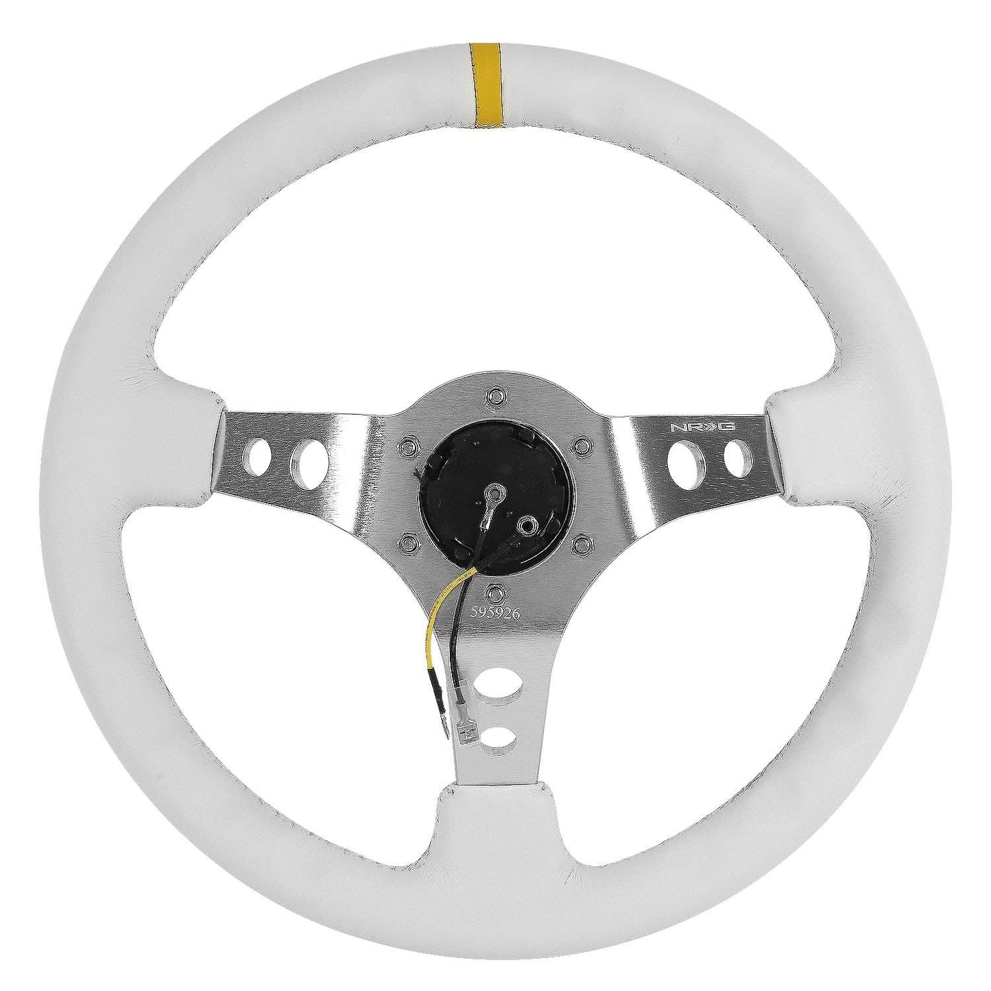 Universal 350MM Deep Dish Steering Wheel White Leather Silver Center
