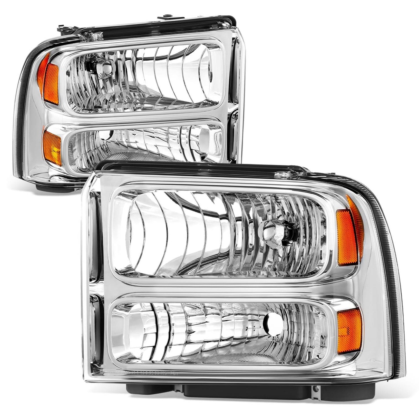 05-07 Ford Super Duty One Piece Headlight Chrome Housing Amber Reflector