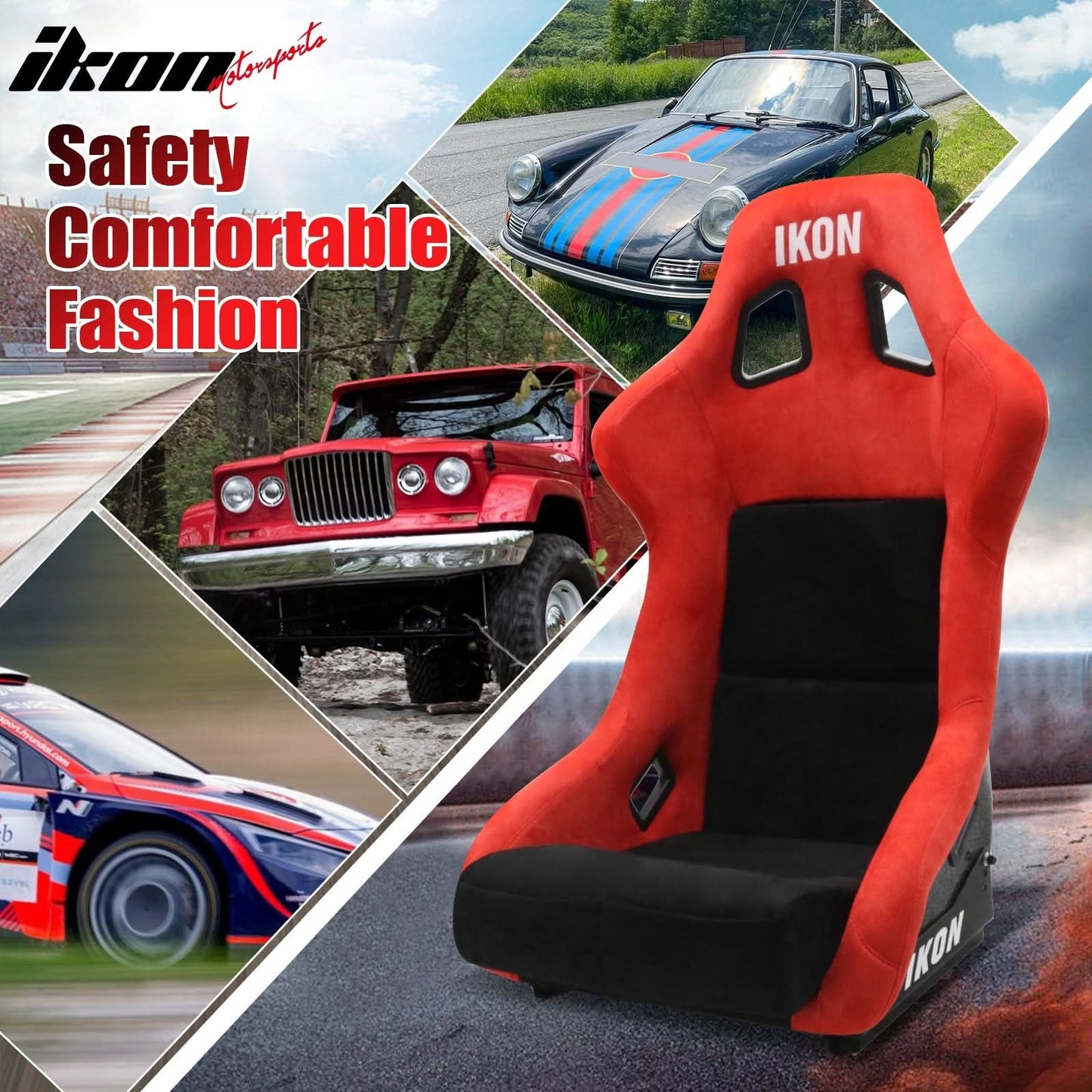 Universal Racing Bucket Seats Slider Suede Left+ Right Black Red