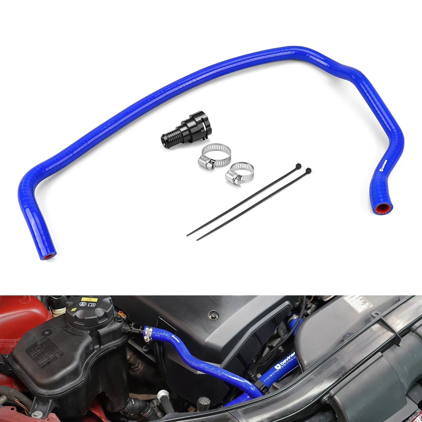 BMW E81 / E82 / E87 / E88 1 Series, E90 / E91 / E92 / E93 3 Series & E84 X1 Silicone Coolant Expansion Tank Hose with Aluminum Flange (N52 / N52N / N51 Engines / Replaces 17127618510 / 17127565093)