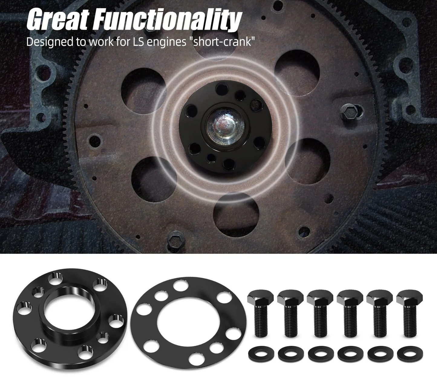 LS Short Crank Flexplate Spacer with Bolts for LS1 / LS2 / LS3 / LS6 / LS7 & GM 5.3L / 5.7L / 6.0L / 6.2L to SBC Transmission Adapter (Replaces 12563532 / 12563533)