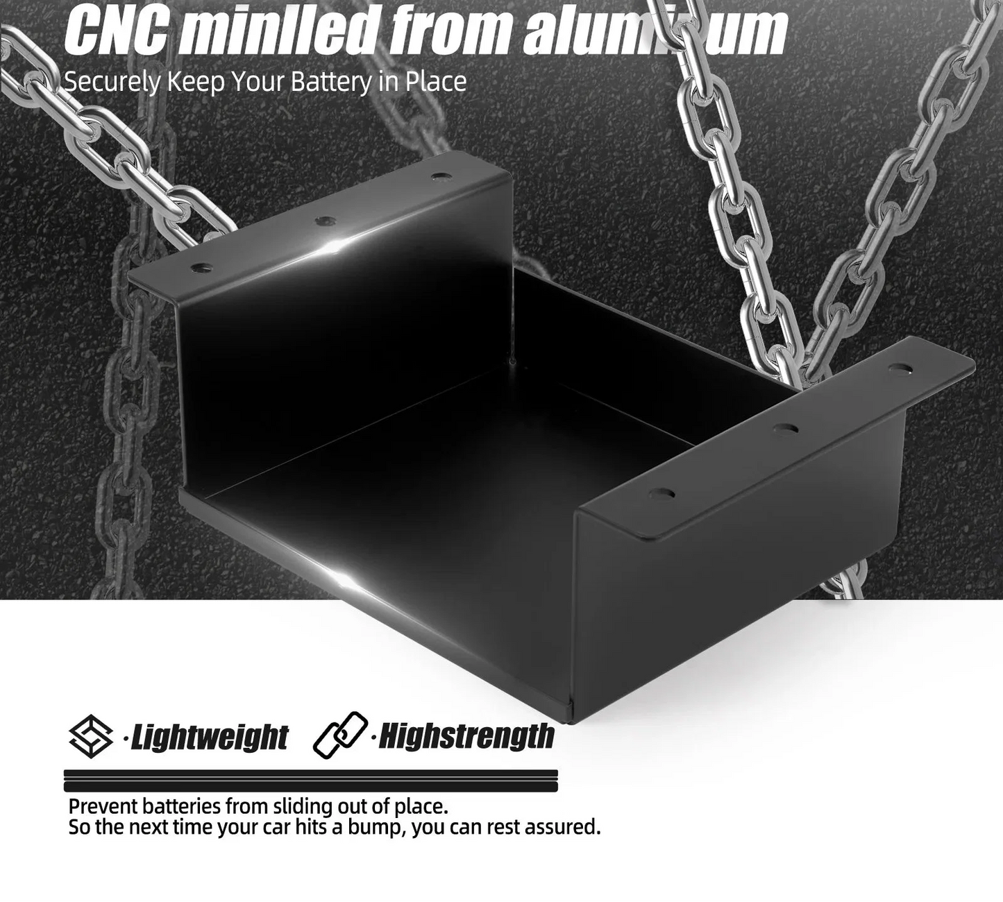 Universal PC680 Black Billet Aluminum Battery Hold Down Tray & Mounting Bracket Kit Car Truck Boat ATV UTV