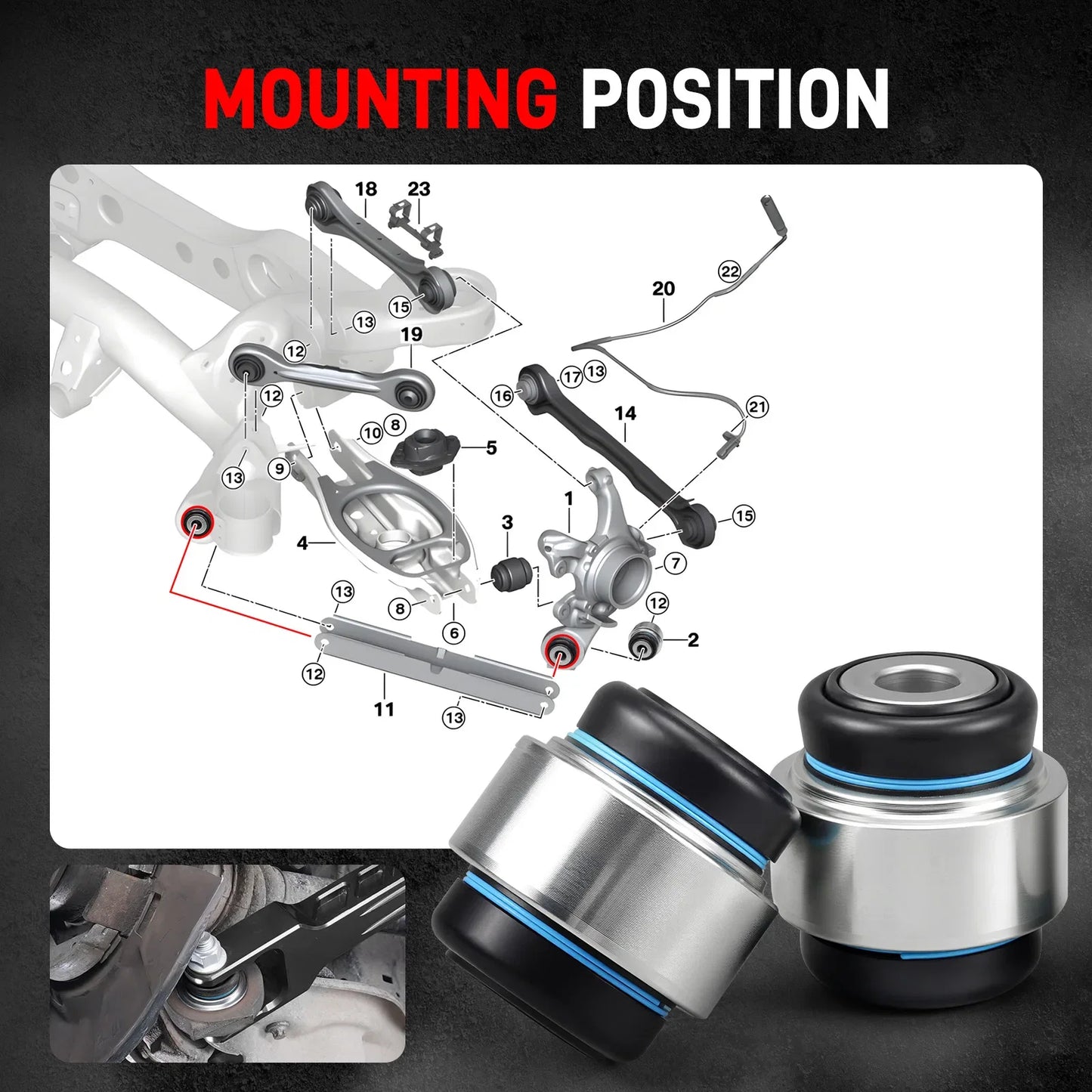 BMW E81 / E82 / E87 / E88 1 Series, E90 / E91 / E92 / E93 3 Series & E84 X1 Billet Aluminum Rear Trailing Arm & Monoball Bearing Kit 2005 - 2015 (Replaces 33322406291 / 33326763477 / 33326763092)