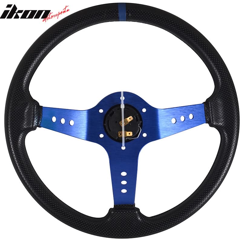 350MM PVC Steering Wheel Deep Dish Blue Spoke Black Horn Button&Emblem