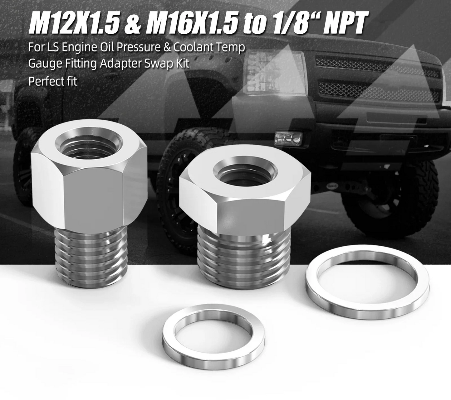 LS Engine Stainless Steel Oil Pressure & Coolant Temp Gauge Adapter Kit for LS1 / LS2 / LS3 / LS7 Swap (M12 x 1.5 & M16 x 1.5 to 1/8" NPT)