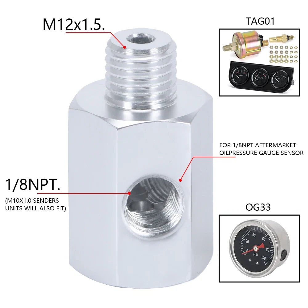 BMW 3 Series E30 / E36 3-Port Oil Pressure & Temperature Gauge Adapter T-Piece (M12 x 1.5 to 1/8" NPT)