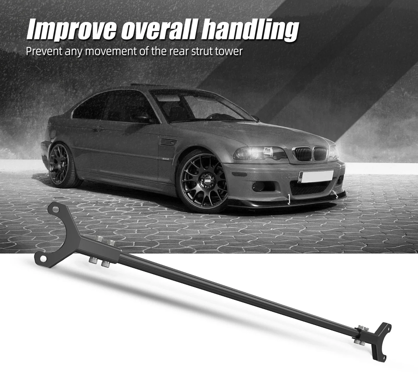 BMW E46 3 Series Sedan Steel Rear Strut Tower Brace Bar 1999 - 2006 (323i / 325i / 328i / 330i)