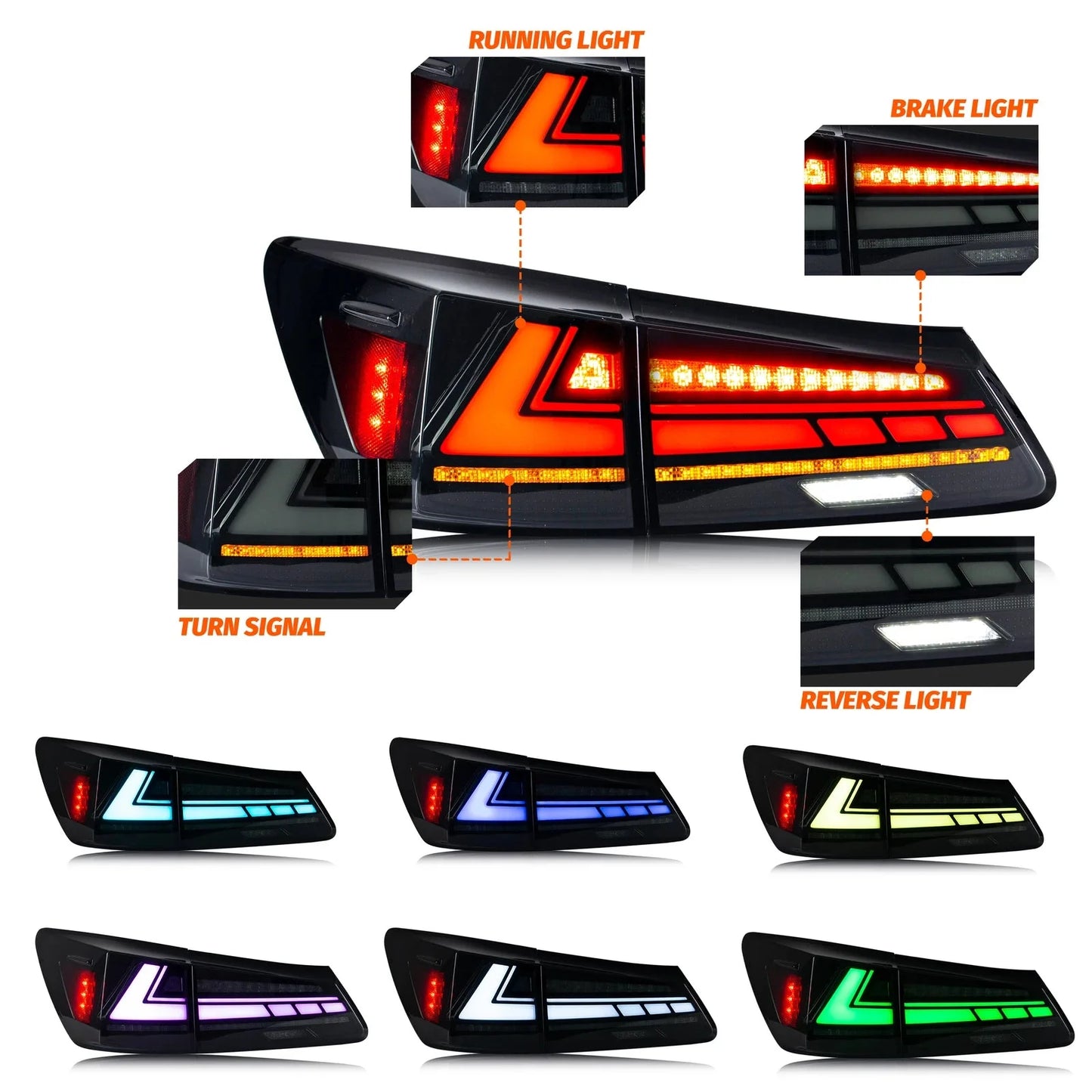 Lexus IS250 / IS350 / IS-F 2IS LED RGB Tail Light Assembly with Sequential Turn Signal & Start-Up Animation 2006 - 2013 (Left & Right / Pair)